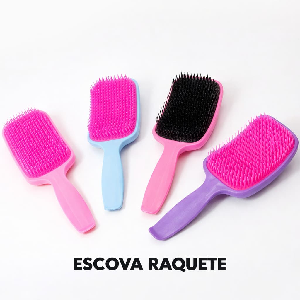 Kit Escovas Raquete Curvada Quadrada Desembaraça Cabelo Cores Sortidas