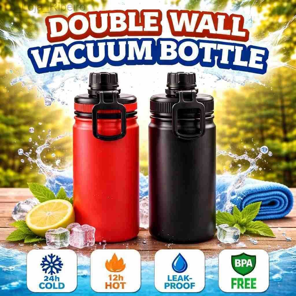 Garrafa Térmica Inox 800ml Preta e Vermelha com Tampa Antivazamento - 24h Gelado 12h QuenteFHS0