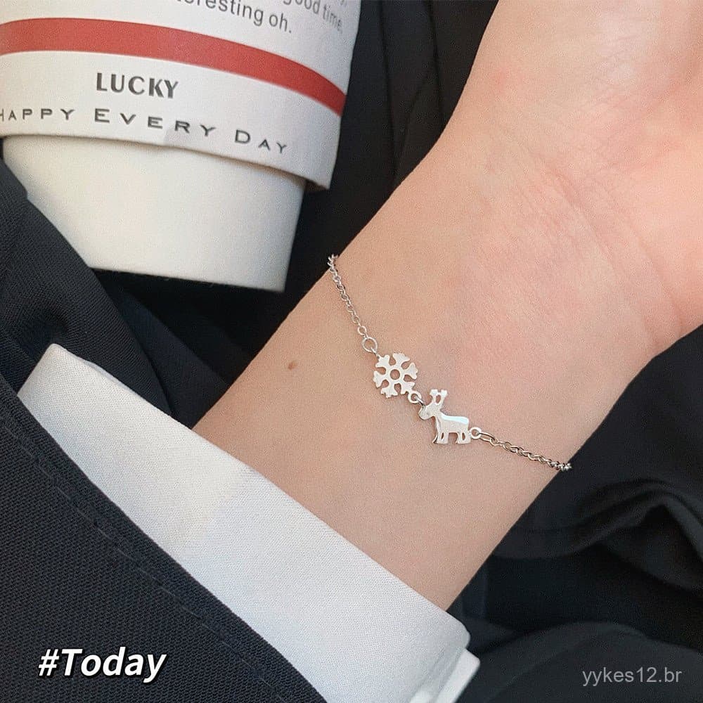 Pulseira Minimalista de Veado da Neve em Prata Esterlina s925, Joia Elegante Estilo Coreano, Pulseira Personalizada de V