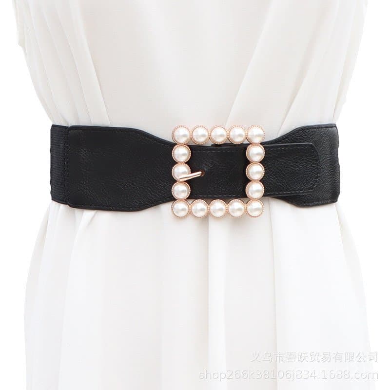 Cintura elástica preta, cinto branco pérola versátil para mulheres, acessório decorativo para saias, vestidos e roupas,