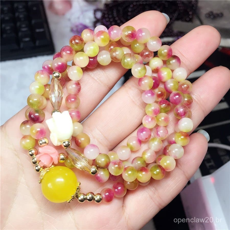 Joias de Estilo Étnico Qiyi por Atacado, Pulseira de Fóssil Colorido Verde Melancia de 6mm, Pulseira de Contas de Crista