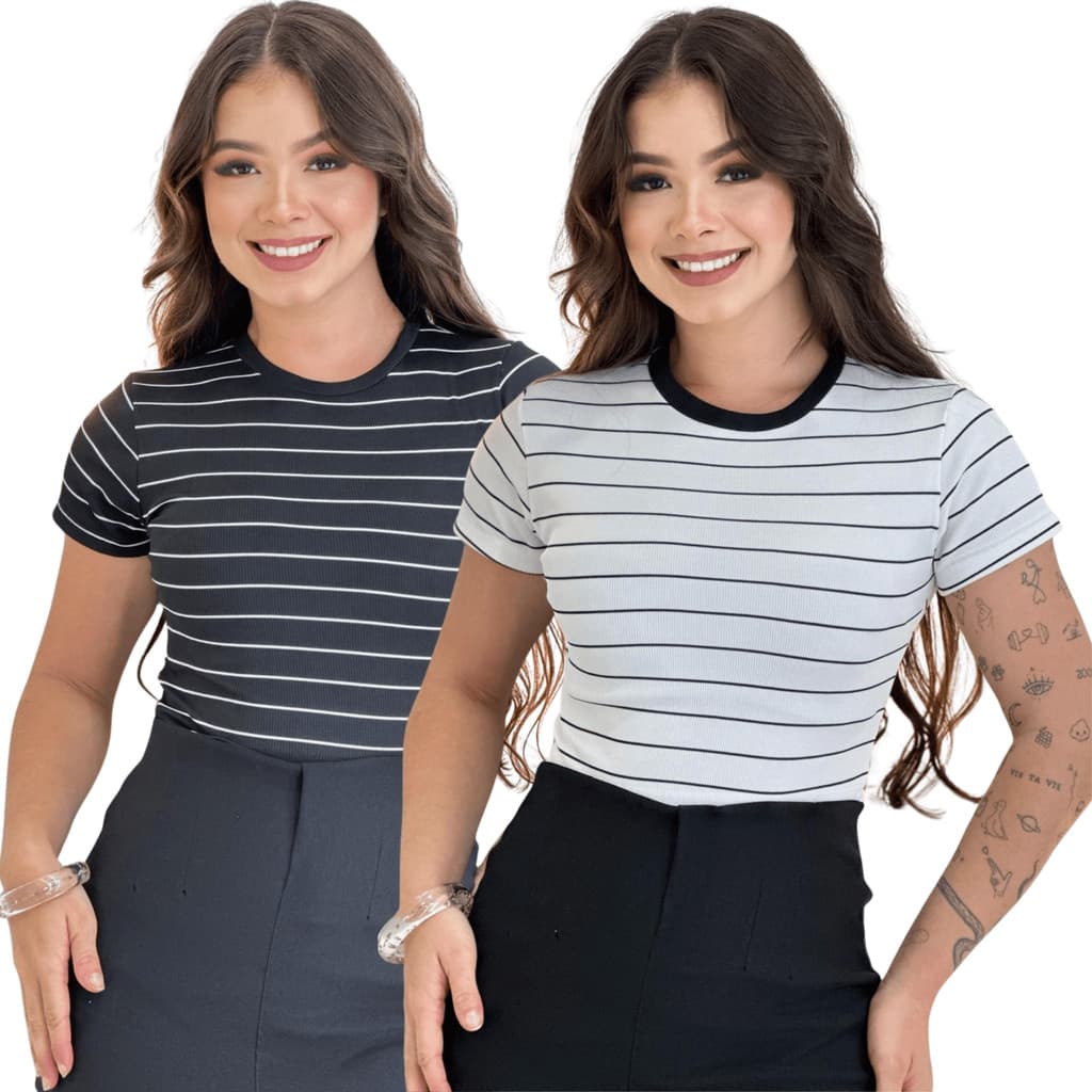 Kit Com 2 ​Blusinha T-shirt Canelada Listrada Moda Elegante