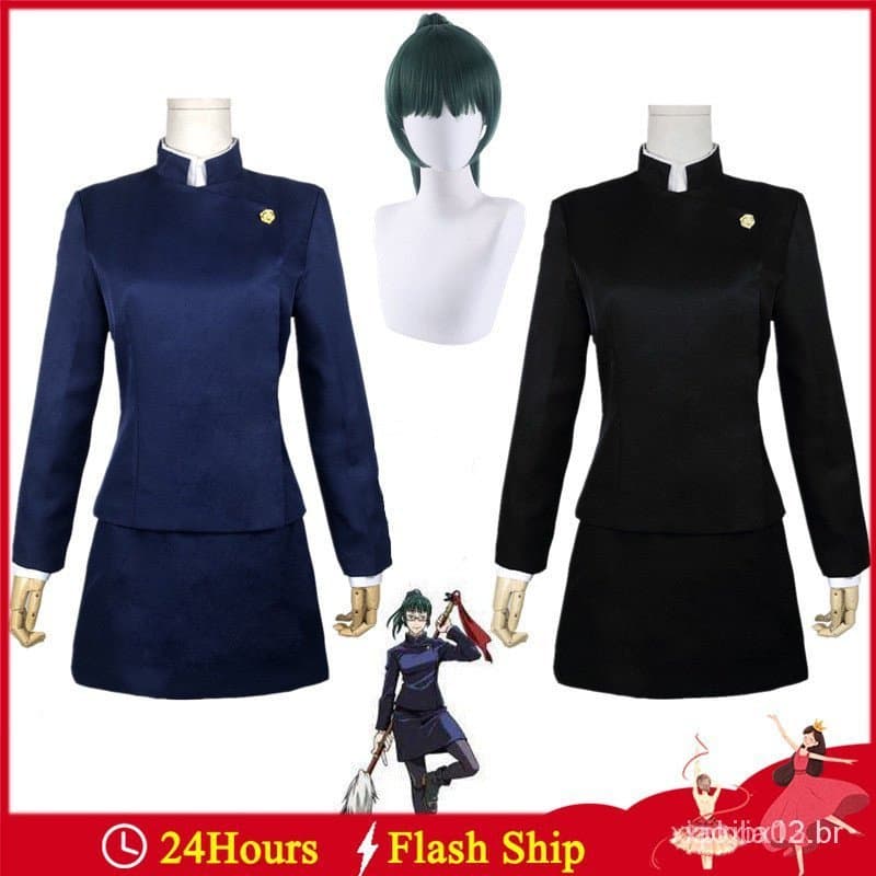 Fantasia de Cosplay da Zenin Maki do Anime Jujutsu Kaisen, Uniforme para Festa de Halloween, Conjunto de Peruca, Vestido