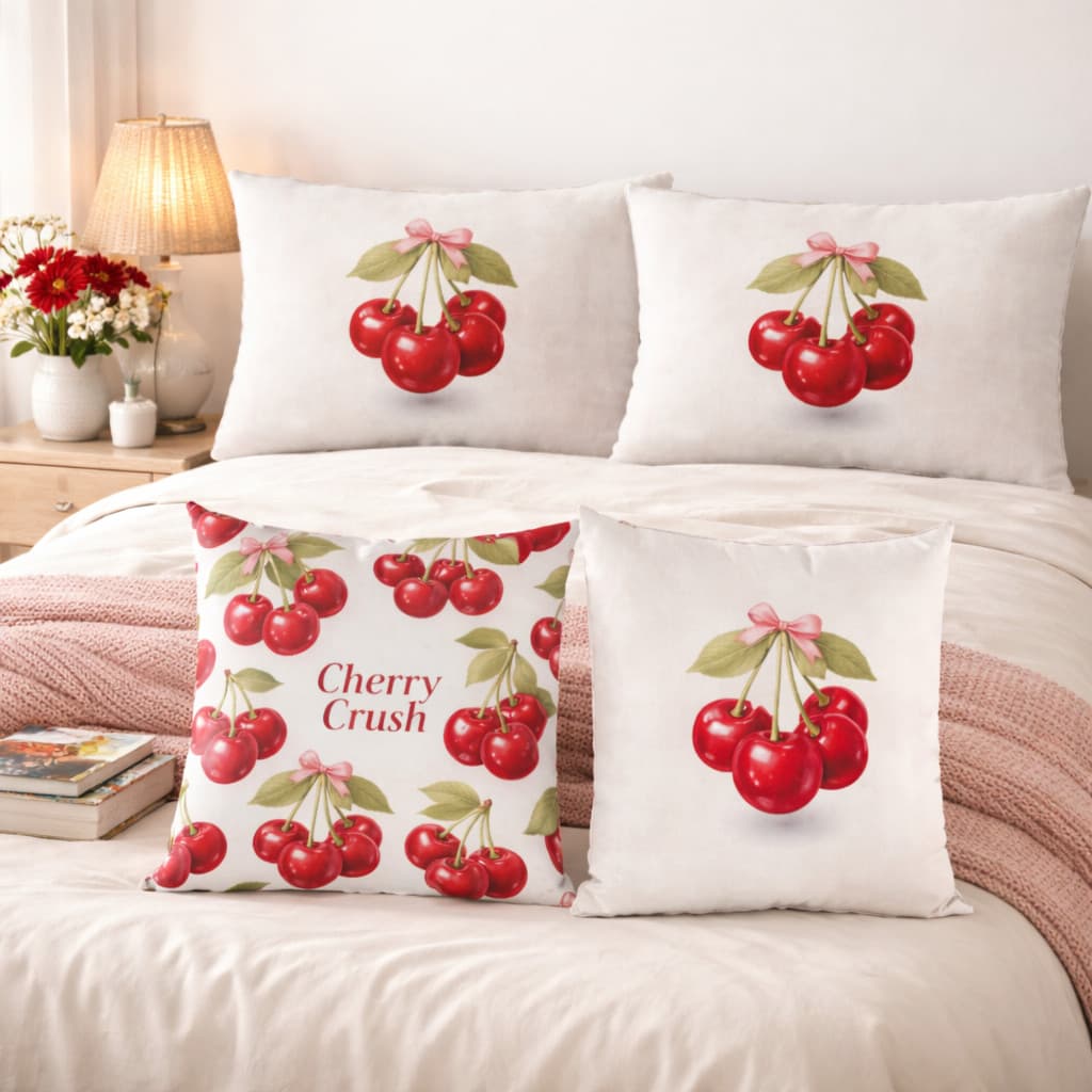 Capa de Almofada 45x45 + Fronha 50x70 Estampa Cereja com Laço | Opções | Cama Posta