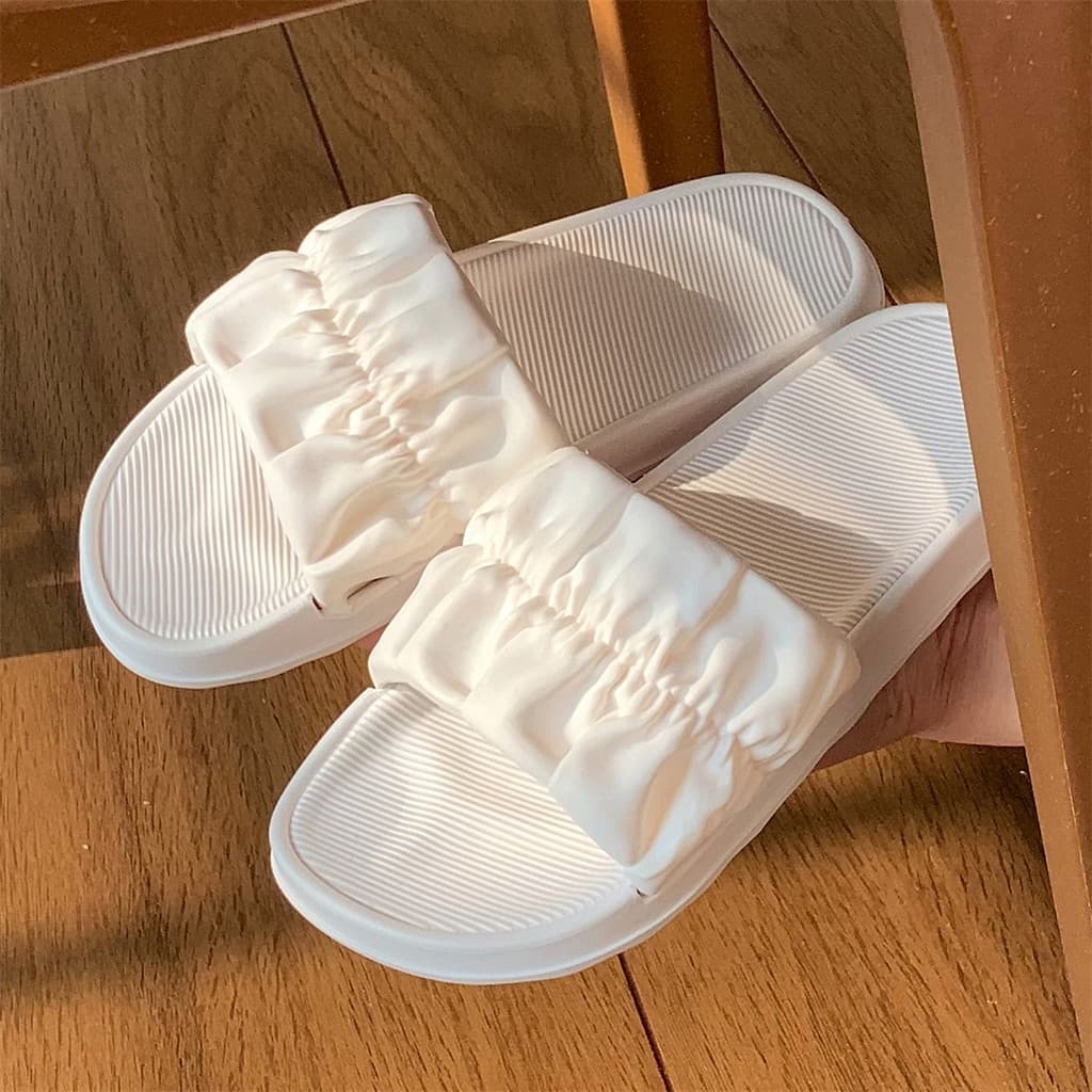 Casa de banho antiderrapante sandálias domésticas chinelos feminino verão versão coreana simples estilo fada plissado co