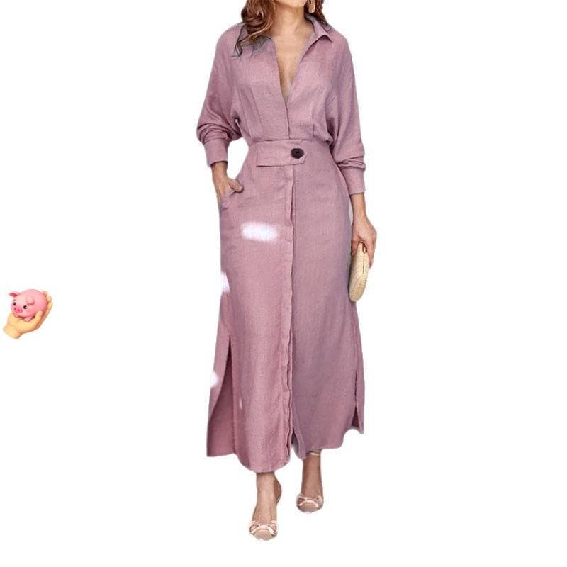 Vestido Longo Feminino Elegante Manga Longa Decote V Amarração Cintura Solto Verão