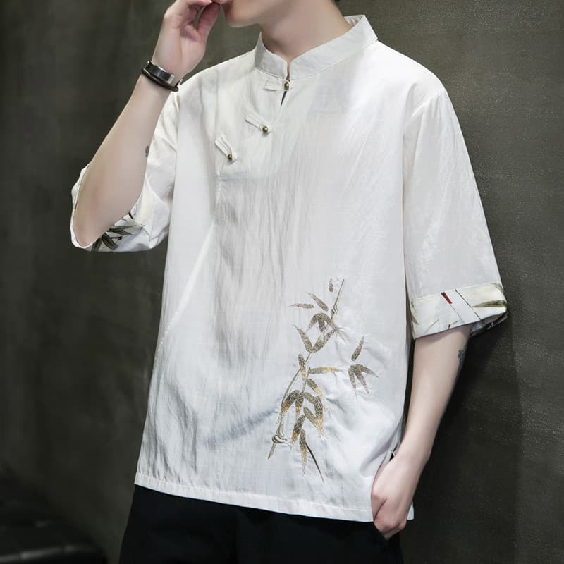 Botão Diagonal Hanfu masculino estilo chinês verão estilo fino gelo seda manga curta camiseta solta tamanho grande borda