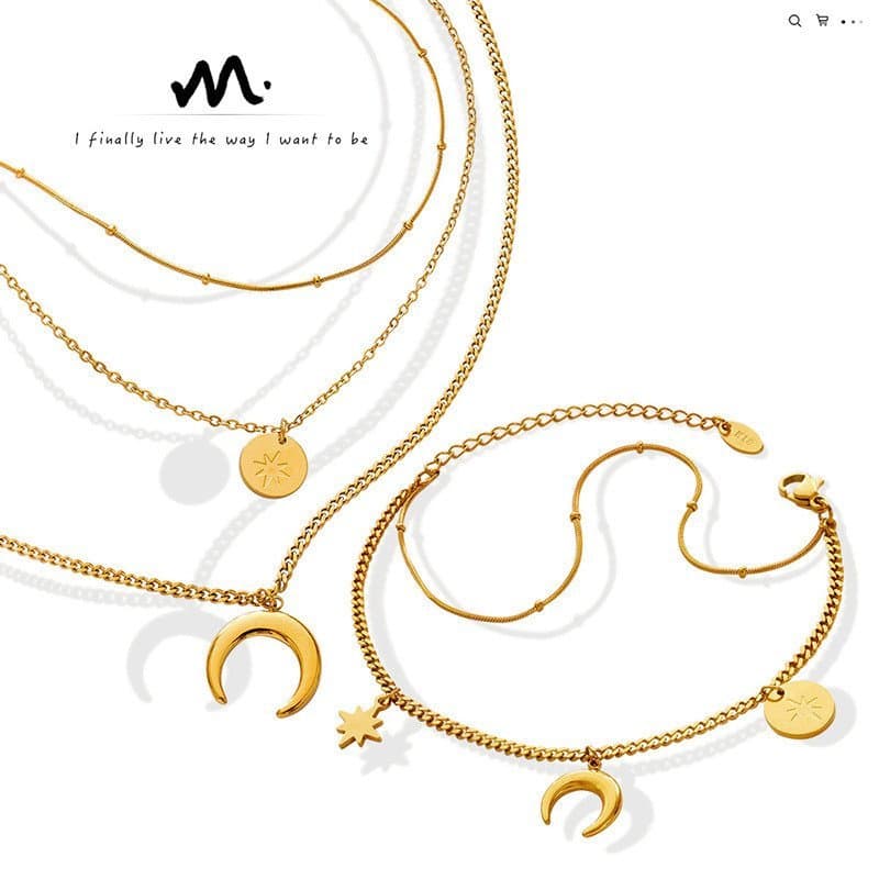 Conjunto de colar e pulseira com design minimalista europeu e americano, estilo ins, com estrela, lua e sol E147-P690