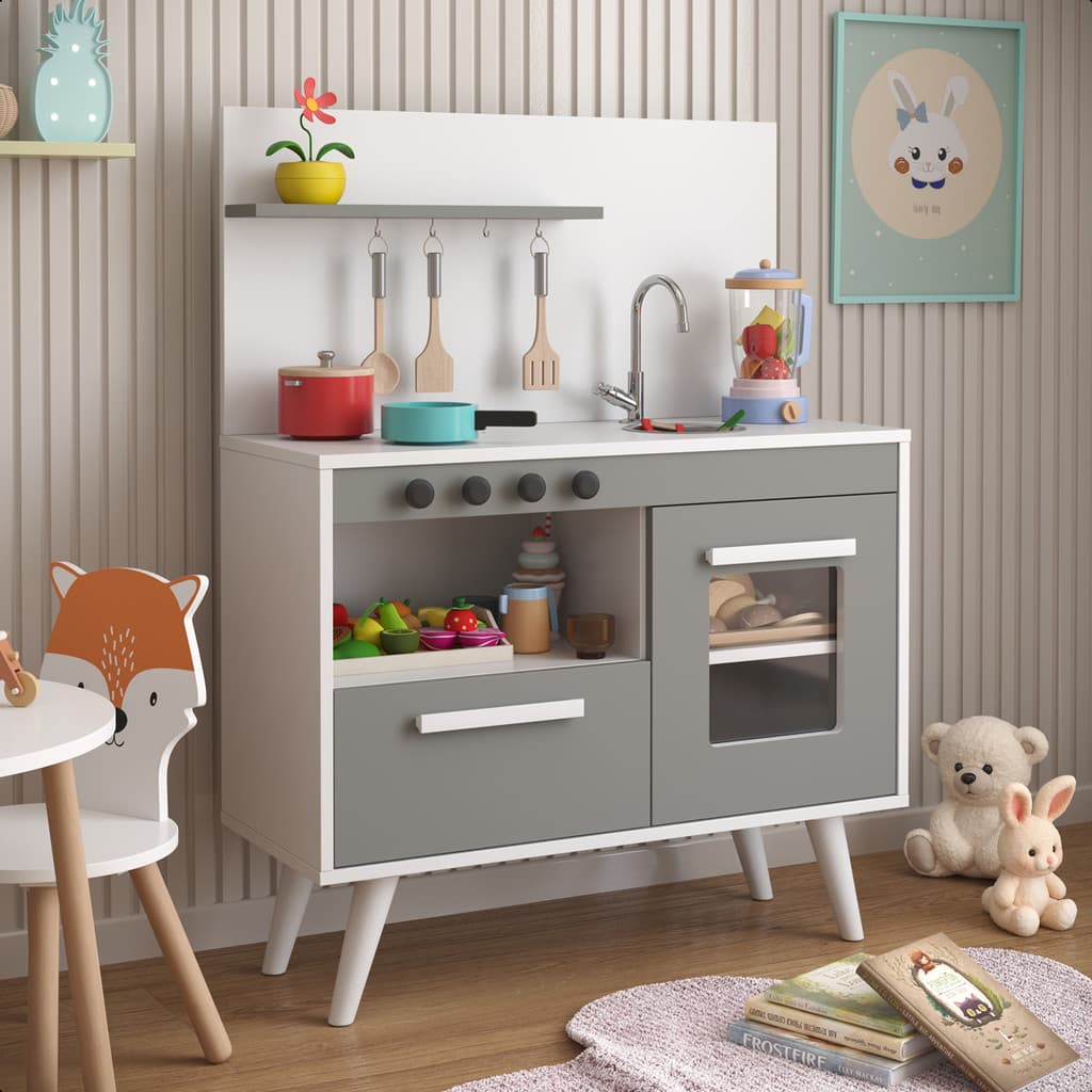 Mini Cozinha de Brinquedo com Fogão e forno Infantil Cinza/Branco