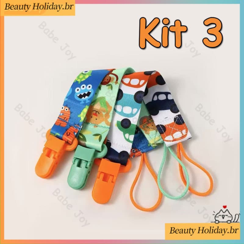 Kit 3 Prendedor de chupeta bebê com estampa de desenho animado mordedor brinquedo anti-queda cordão
