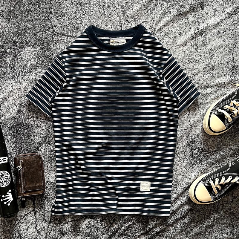Americano clássico Retro Ami cáqui marinheiro mar alma camisa listrada em torno do pescoço puro algodão estiramento verã