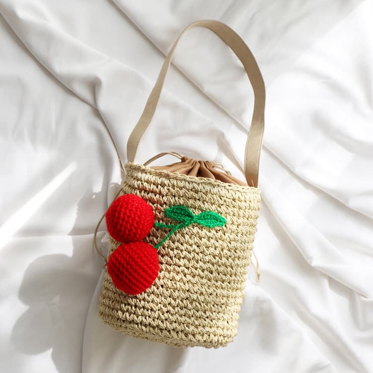 Coreia legal menina palha balde saco cereja tecido bolsa de ombro bolsa de praia férias saco de palha