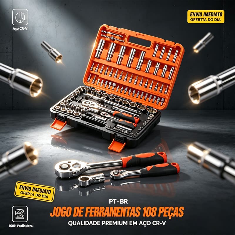 Jogo Maleta De Ferramentas Chave Soquete 108 Peças Aço Cromo Vanádio Profissional Catraca Reversível 1/2 e 1/4 Completo