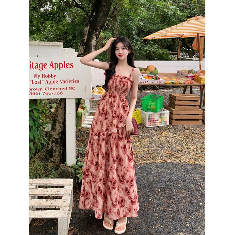 Rosa Floral estilingue vestido feminino verão 2024 novo estilo estilo francês cintura estreita mais magro olhar celebrid