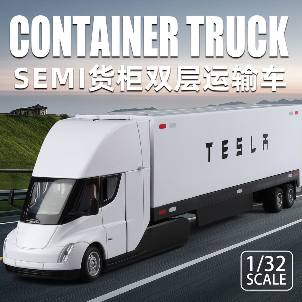1: 32 Tesmi Semi recipiente transportador de dois andares modelo de carro de liga puxar para trás som luz menino jogar c