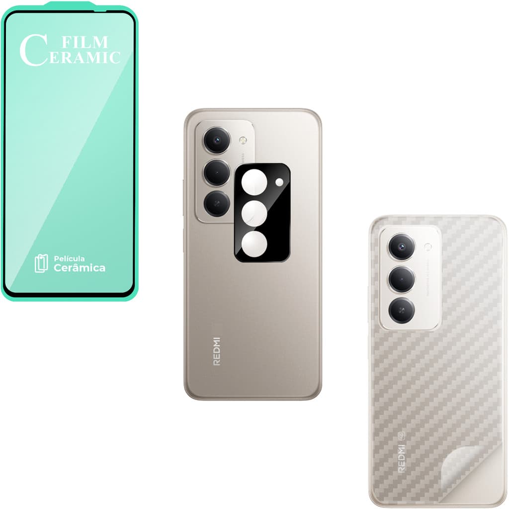 Película Cerâmica + Película Câmera 3D + Película Traseira Carbono P/ Redmi 15