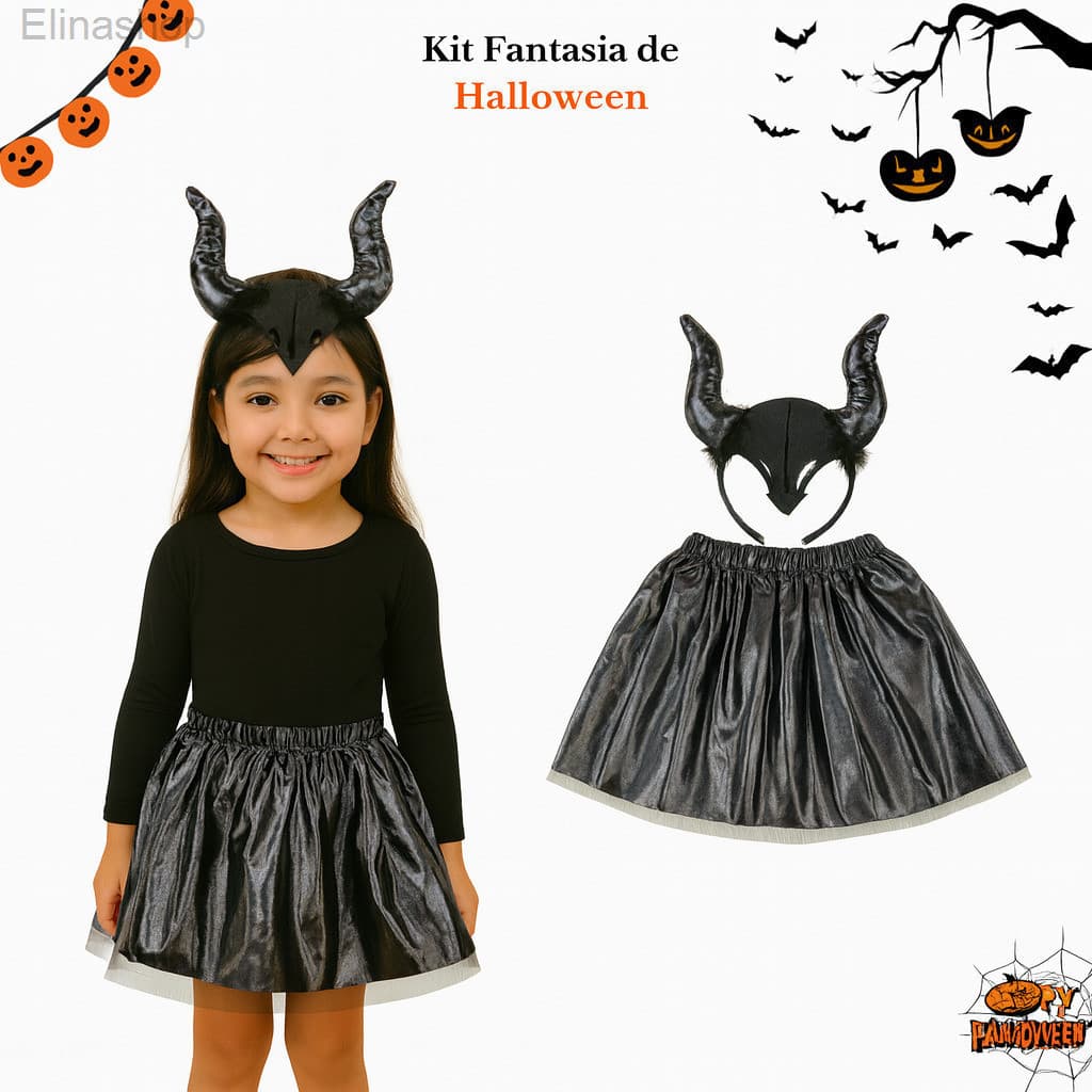 (V)Fantasia Infantil Halloween Saia Preta com Tiara de Chifres 🖤CO97