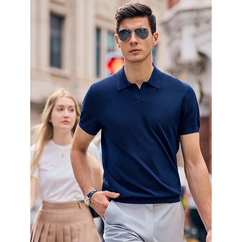 Macio ceroso delicado legal respirável lapela negócios polo camisa masculina verão High-End malha de manga curta masculi