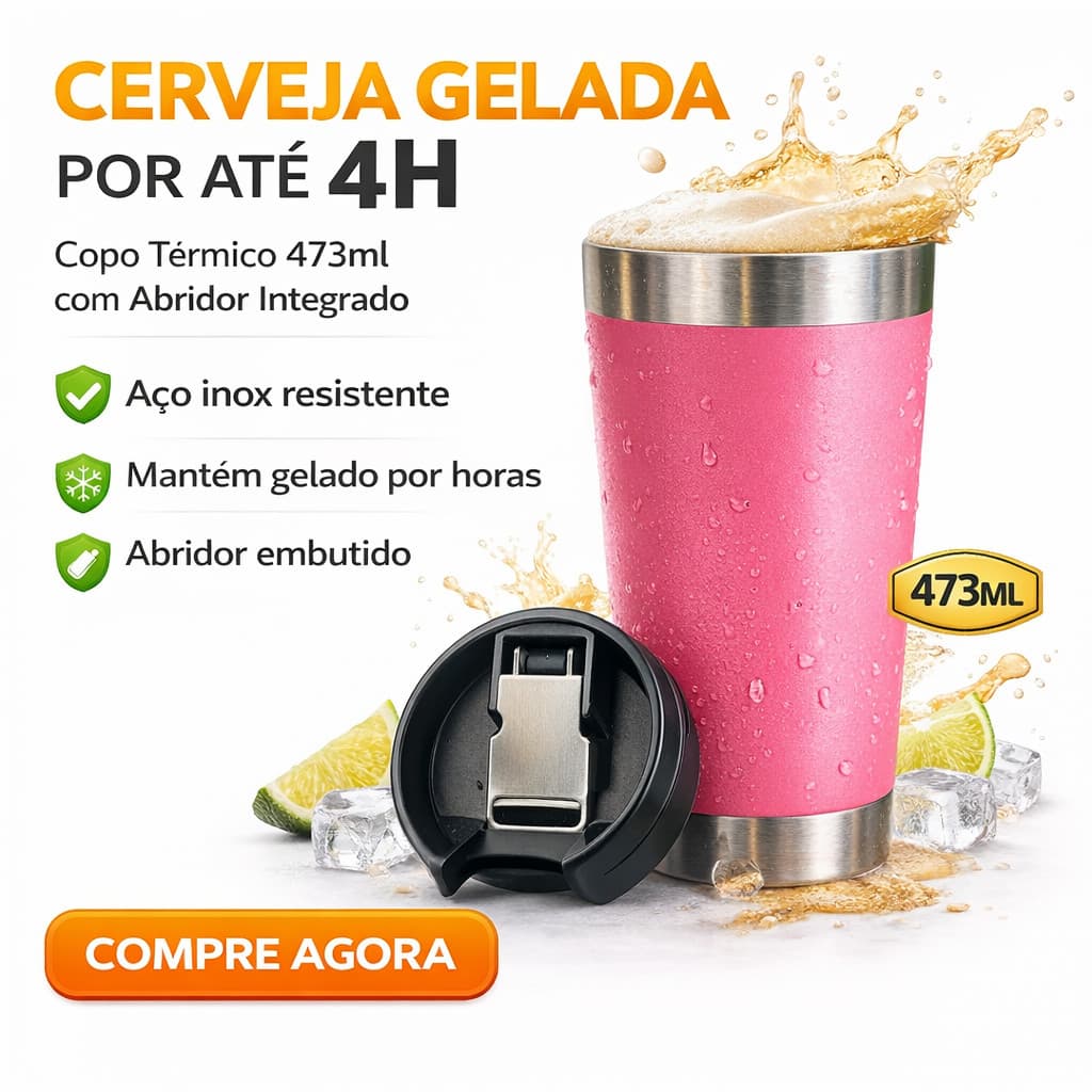 Copo Térmico 473ml Inox Com Abridor Mantém Gelado 4h Ideal Churrasco cor Rosa