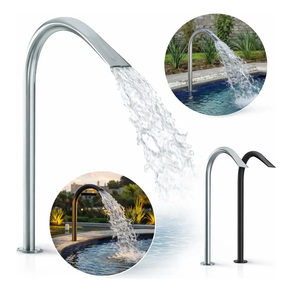 Cascata Tubular Inox Bico Pato Piscina Splash Sobrepor Chão 70cm Engate Sof Cano 50mm Premium