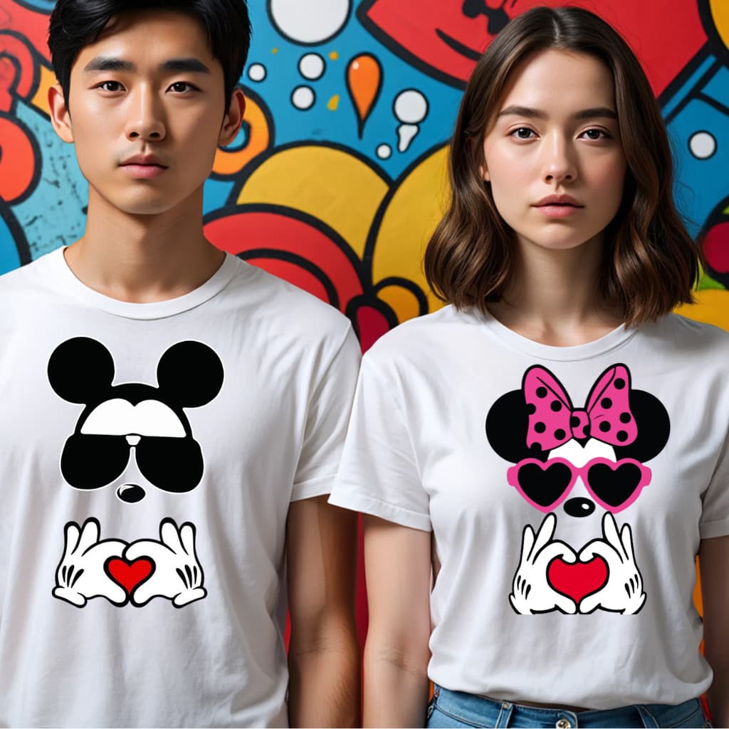 Conjunto Casal Mickey E Minnei Coraçao Eterno Kit 2 camisetas Camisa Algodão Namorados Casados