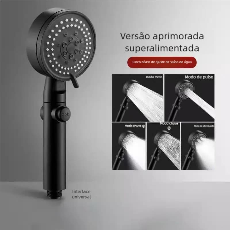 Chuveiro Ducha de Mão Alta Pressão Kit Completo Ajustável Preto ABS