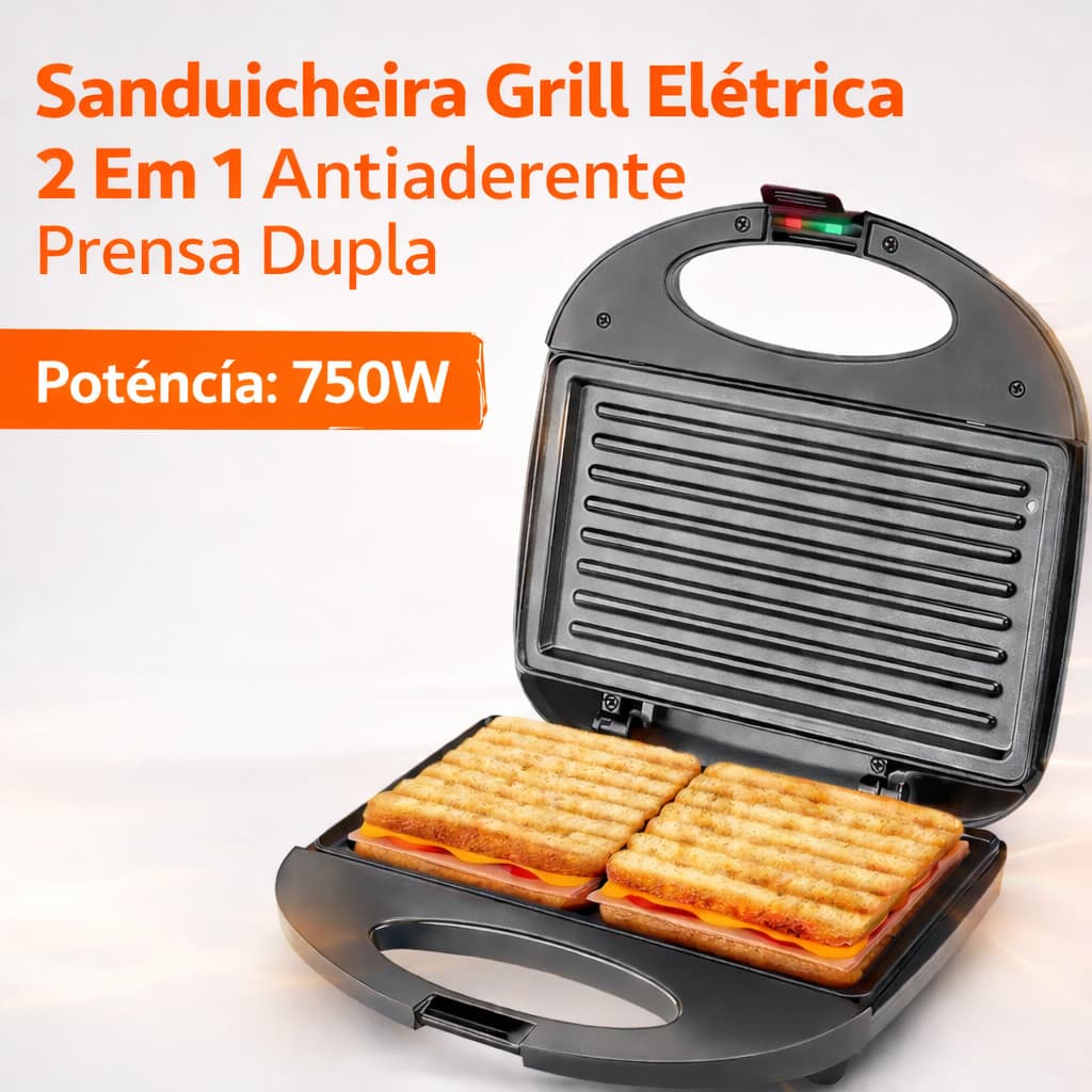 Sanduicheira Grill Elétrica 220 Ou 110V 750W Grelha Duplas 2 Em 1 Sanduíches E Grelhados