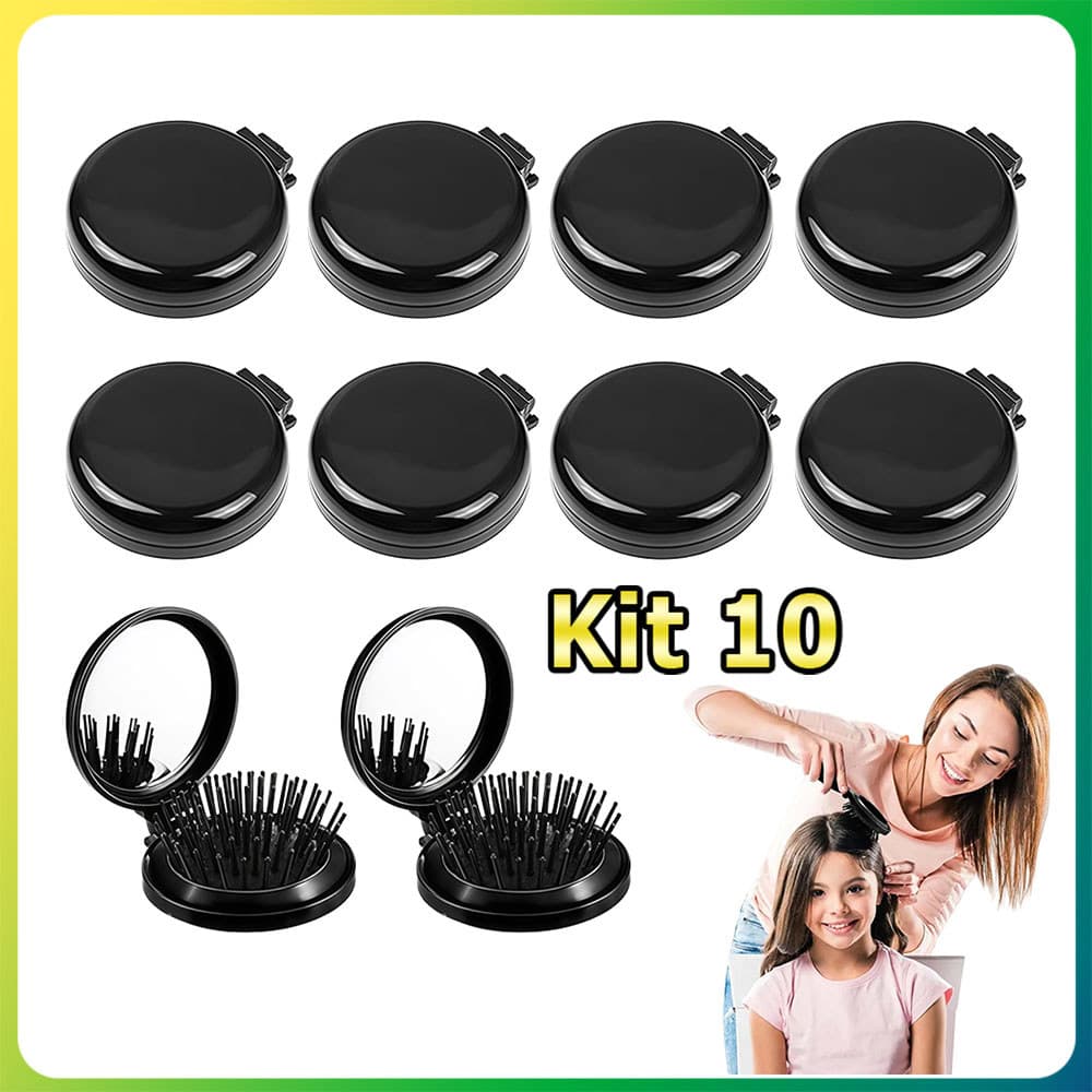 10x Preto Pente de viagem dobrável com espelho pente portátil redondo pente de bolso pente espelho presente para festa
