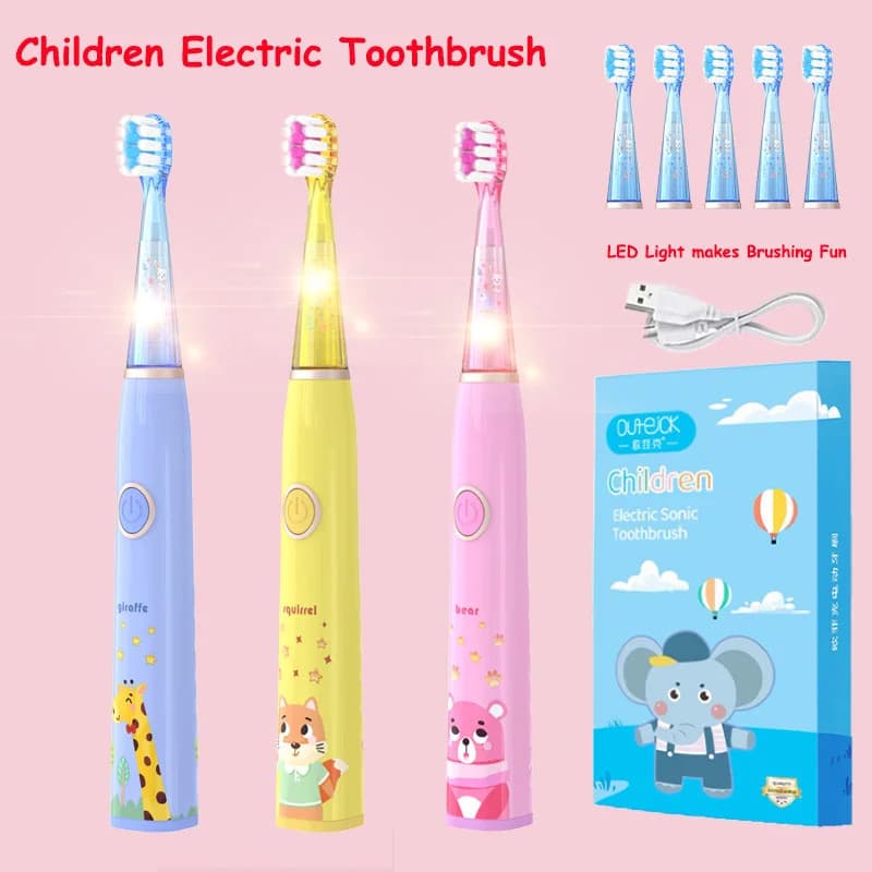 Escova de dentes elétrica sônica para crianças, formato de desenho animado com luz LED colorida IPX7, à prova d'água, li