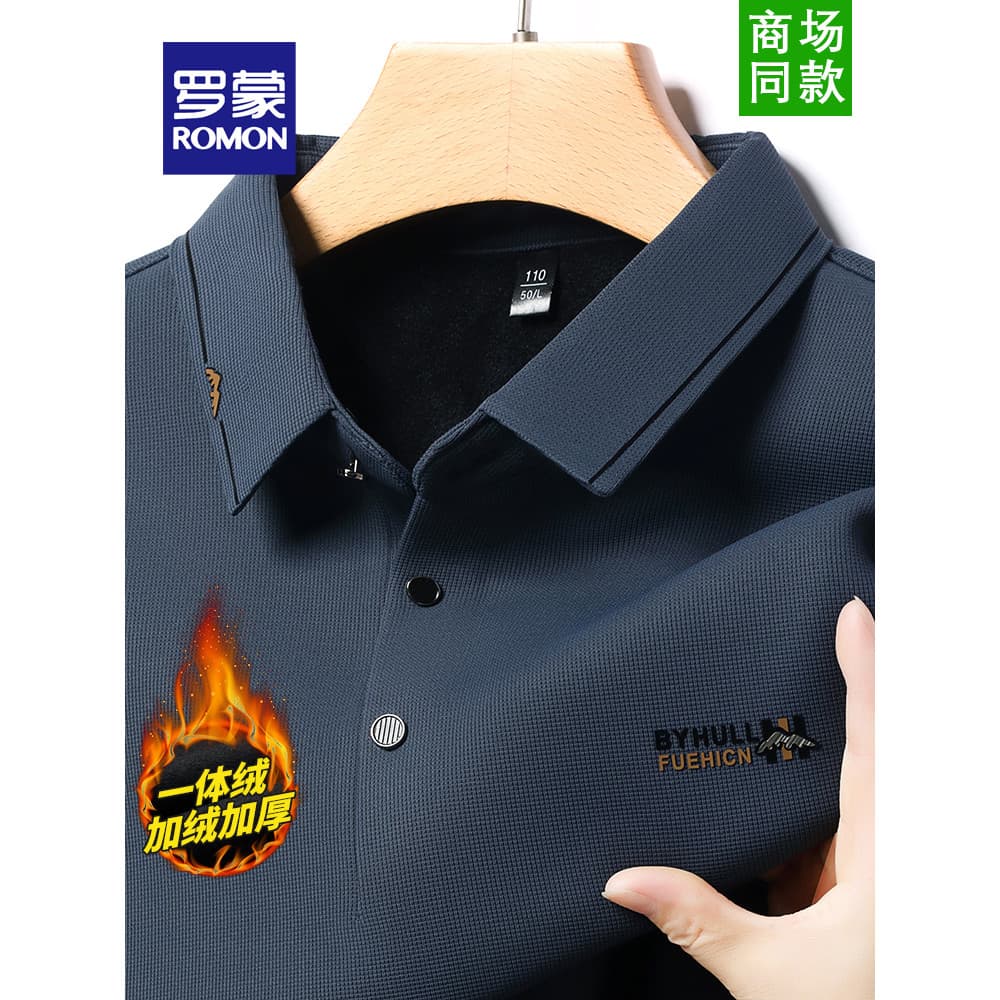 Lomon camiseta de manga comprida masculina 2024 outono inverno novo estilo forro de lã engrossado lapela quente polo mas