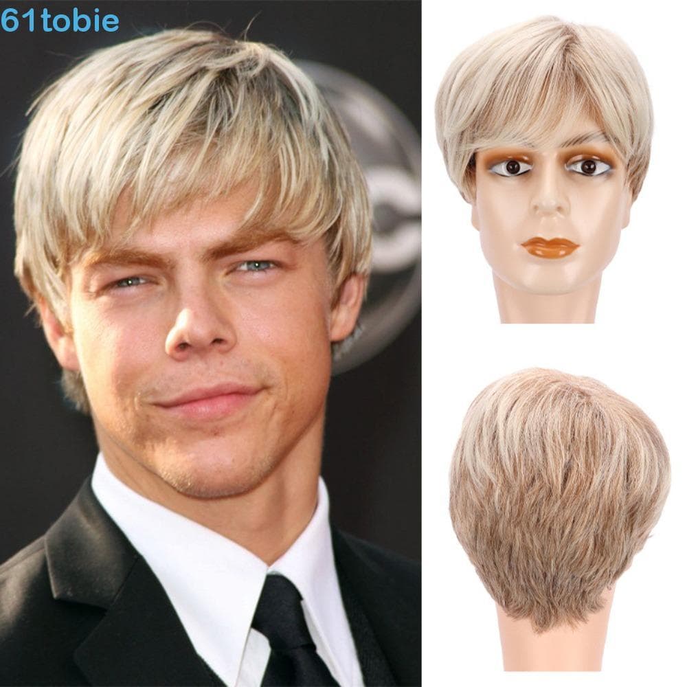 TOBIE Fashion Perucas Masculinas , Peruca Loira Cabelo Curto Dourado Sintética Reta Em Camadas Bonitas Naturais