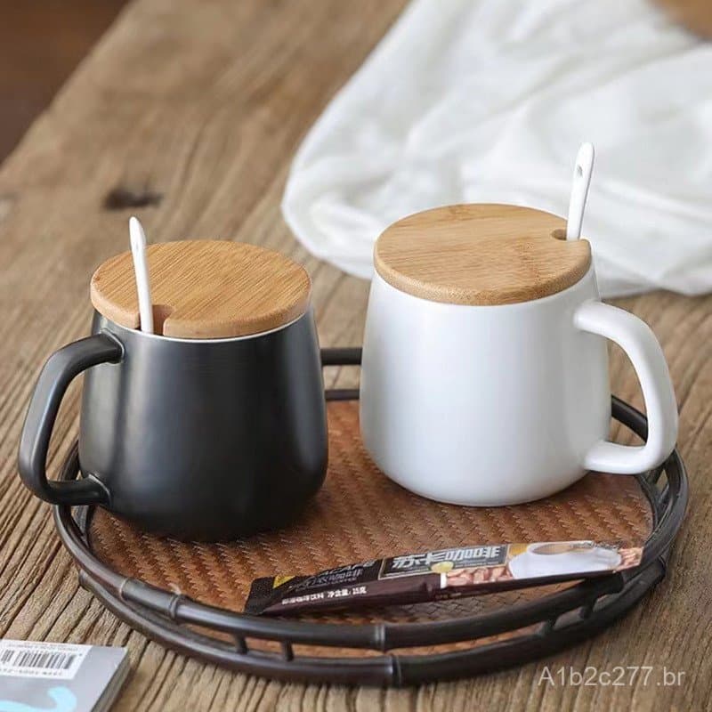 Canecas para hotéis e pousadas, xícaras de chá de cerâmica preta e branca com tampa para escritórios e quartos de hósped