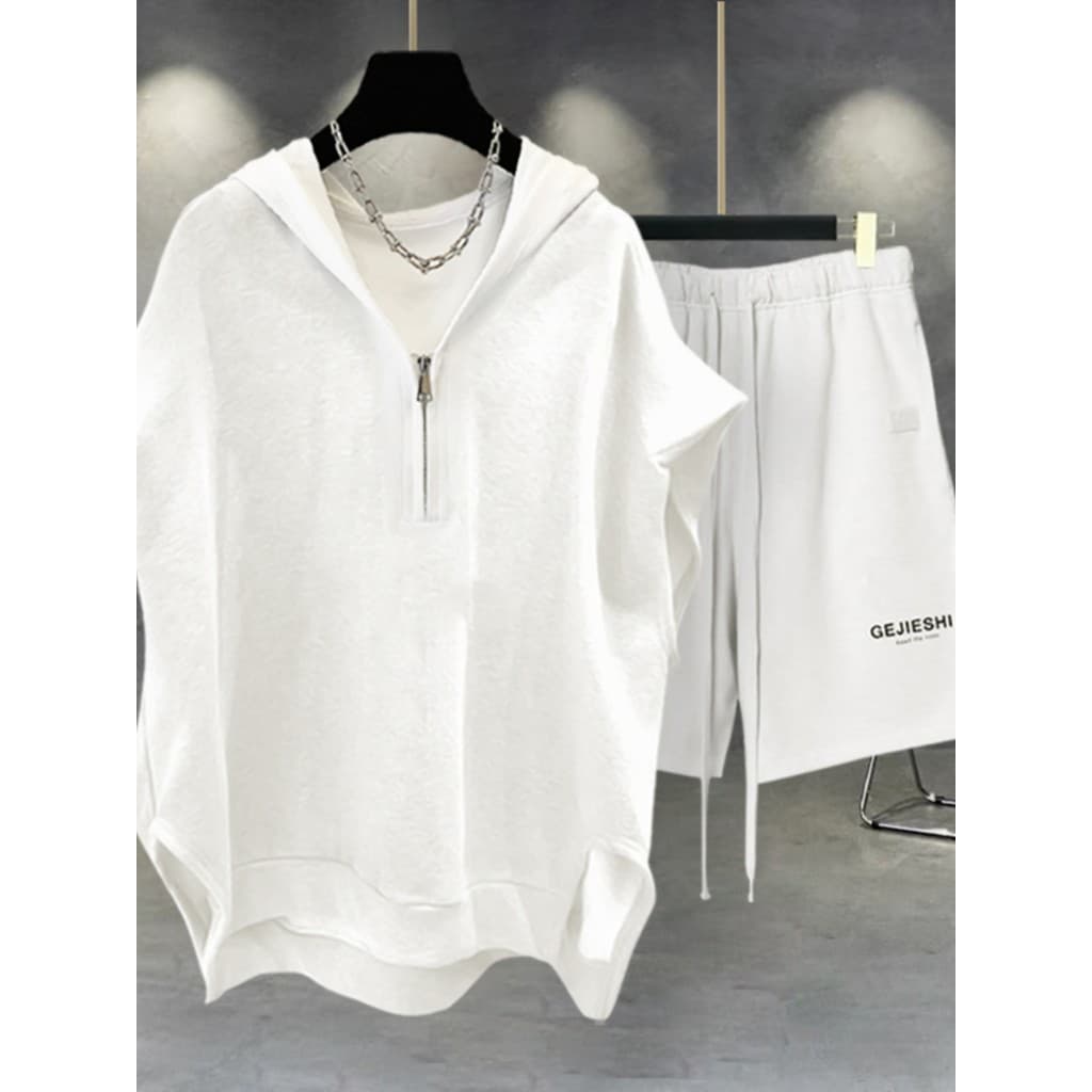 Verão Casual terno masculino cor sólida zíper sem mangas camiseta solta esportes com capuz colete com calças de cinco po