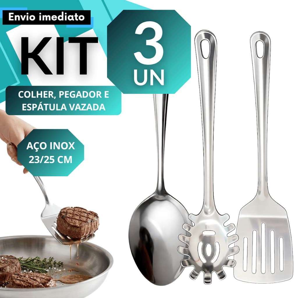 Kit Utensílios Aço Inox 3P Colher Pegador Espátula Vazada Premium Restaurante Buffet Self Service Uso Doméstico