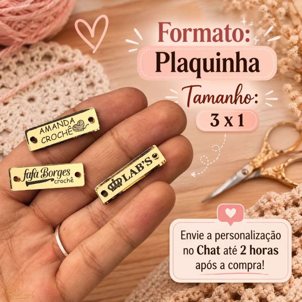 KIT TAG 70x Plaquinha Etiqueta 2 Furos de Acrílico Espelhado Crochê Nail PERSONALIZADO