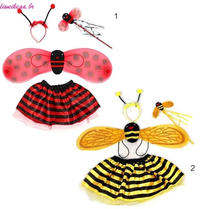 Liweikea Conjunto 4 Peças Fantasia Fada Infantil Glitter Asa Fofa Listrada Camadas Tu
