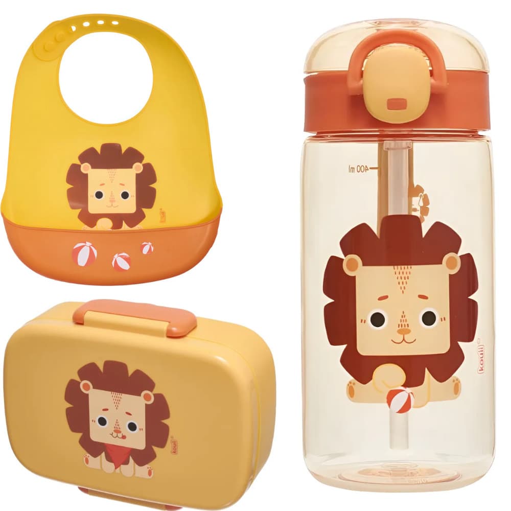 KIT GARRAFA, BABADOR SILICONE E BENTO BOX LEÃO  - KOUII