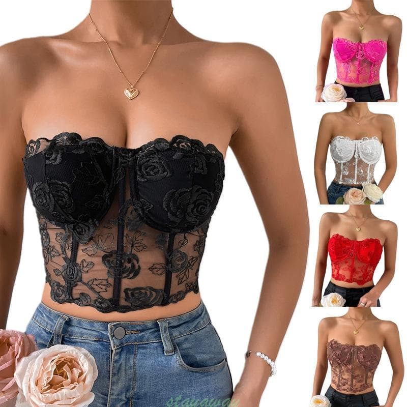 SRA Feminino Verão Alças Renda Espartilho Tubo Rosa Floral Bordado Pura Malha Bustier Bralette Fishbo