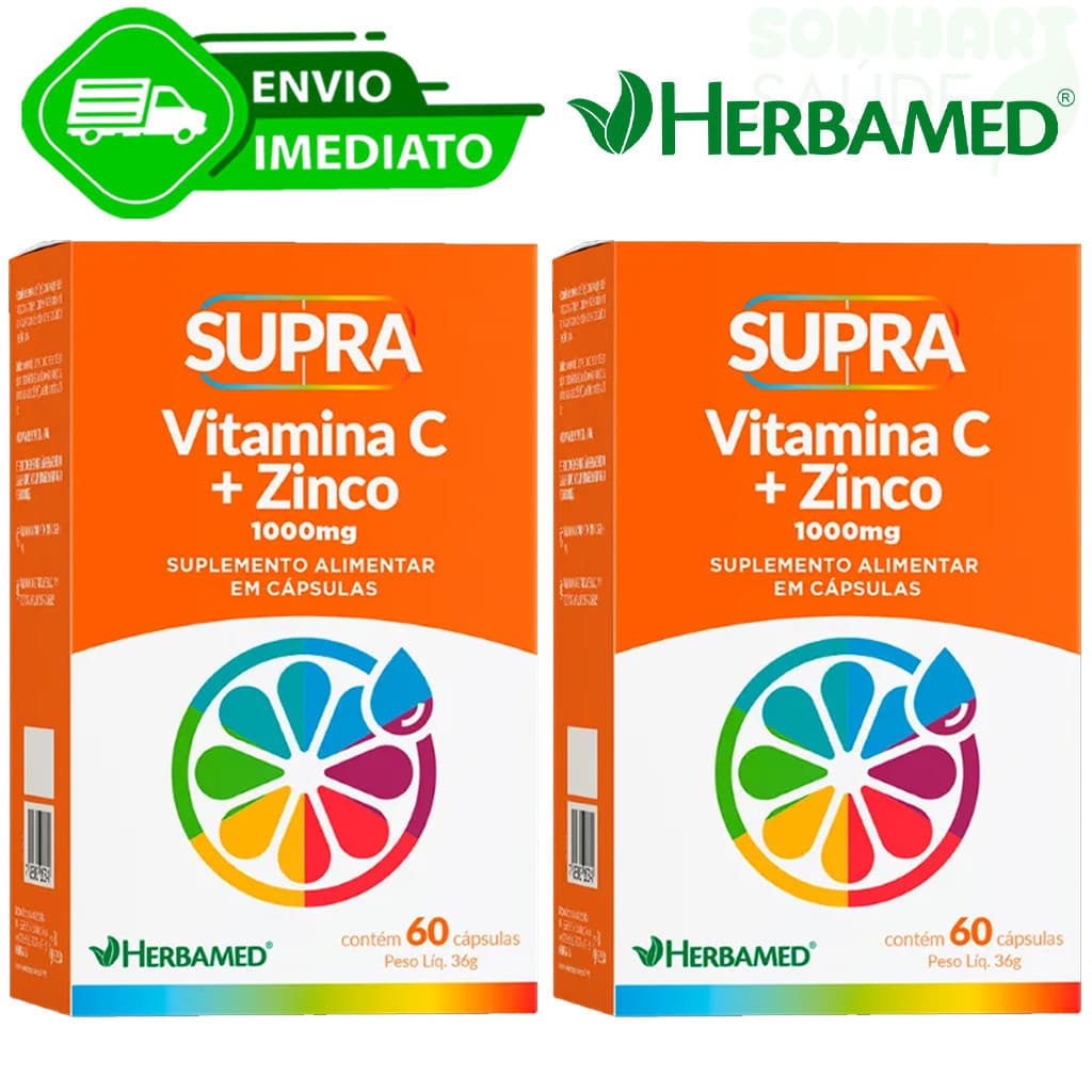 Kit Com 2 Vitamina C+Zinco 1000mg 1g Imunidade Supra Herbamed 60Caps Sem Glúten Envio Imediato