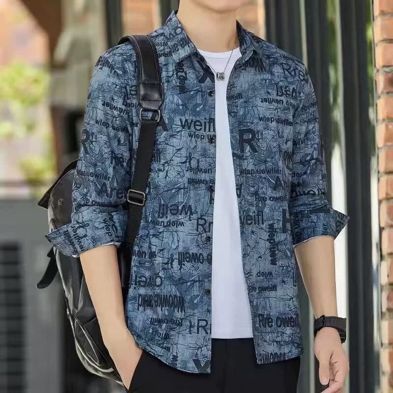 Camisa de manga comprida masculina Casual primavera outono fino-ajuste juventude não-ferro Graffiti Irregular na moda fi