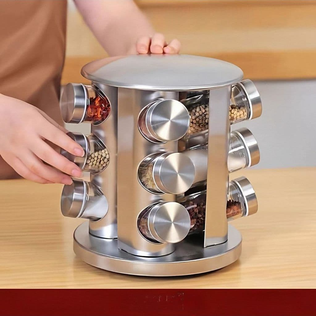 Kit Organizador de Temperos com Base Giratória Inox e Potes de Vidro com Tampa Rosqueável com Vedação