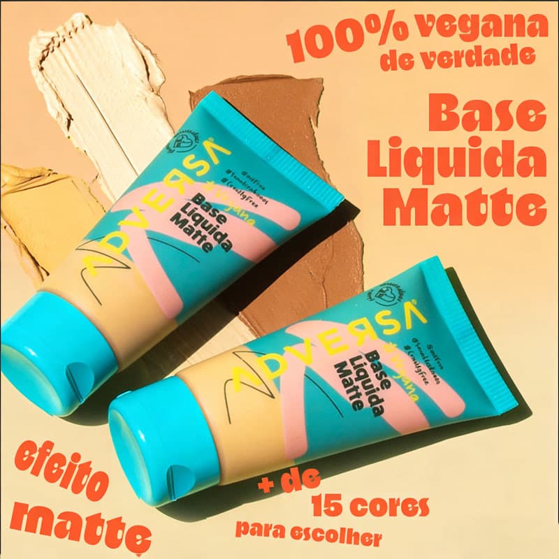 Base Líquida Matte Vegana Adversa - 100% Vegana e Cruelty-Free, Sem Parabêns, Oil-Free, Cobertura Ajustável