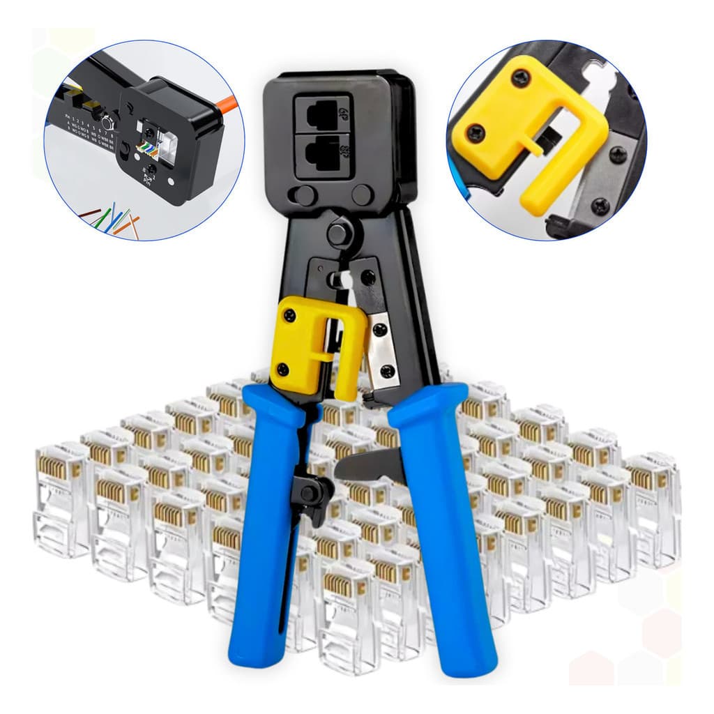 Alicate Crimpar Cabo Rede EzCrimp com 100 Conectores Rj45 Vazado Cat5e Banhado a Ouro Conexão
