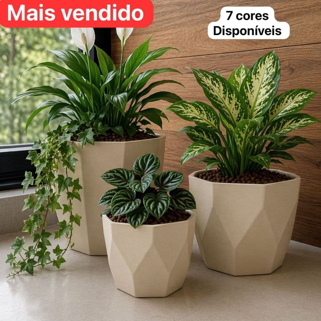Kit Jogo 3 Vasos para Plantas Decorativo Cachepô Liso Injetado Centro Mesa Suculentas Cactos cerâmico