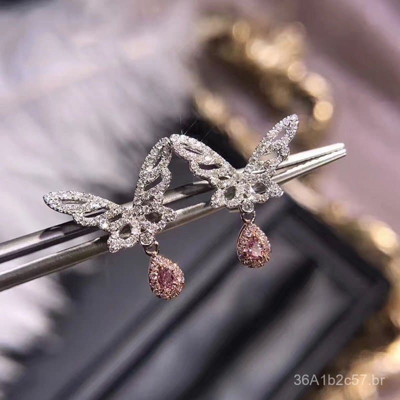 Design único, brincos de borboleta em ouro 18K banhado a ouro com lindos diamantes rosa ultra-femininos, brincos de zirc
