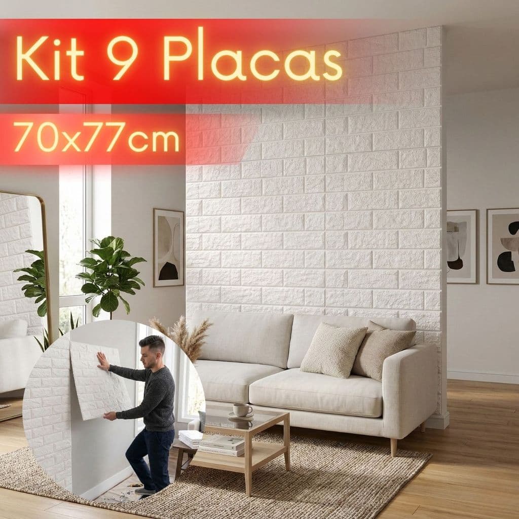 Kit 9 Placas Adesivas 3D Tijolinho 70x77cm Autocolante