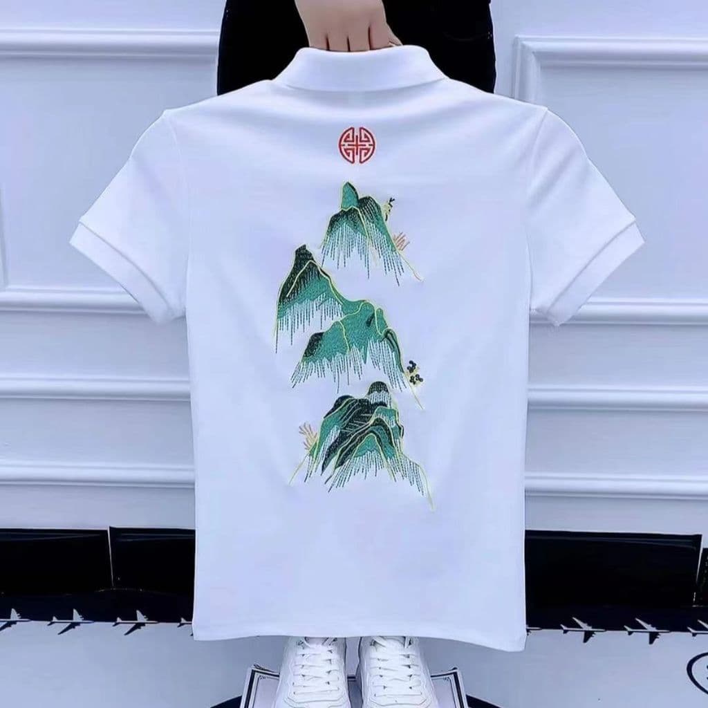 Lapela de manga curta camiseta masculina High-End bordado estilo chinês paisagem magro-ajuste na moda camisa POLO mascul