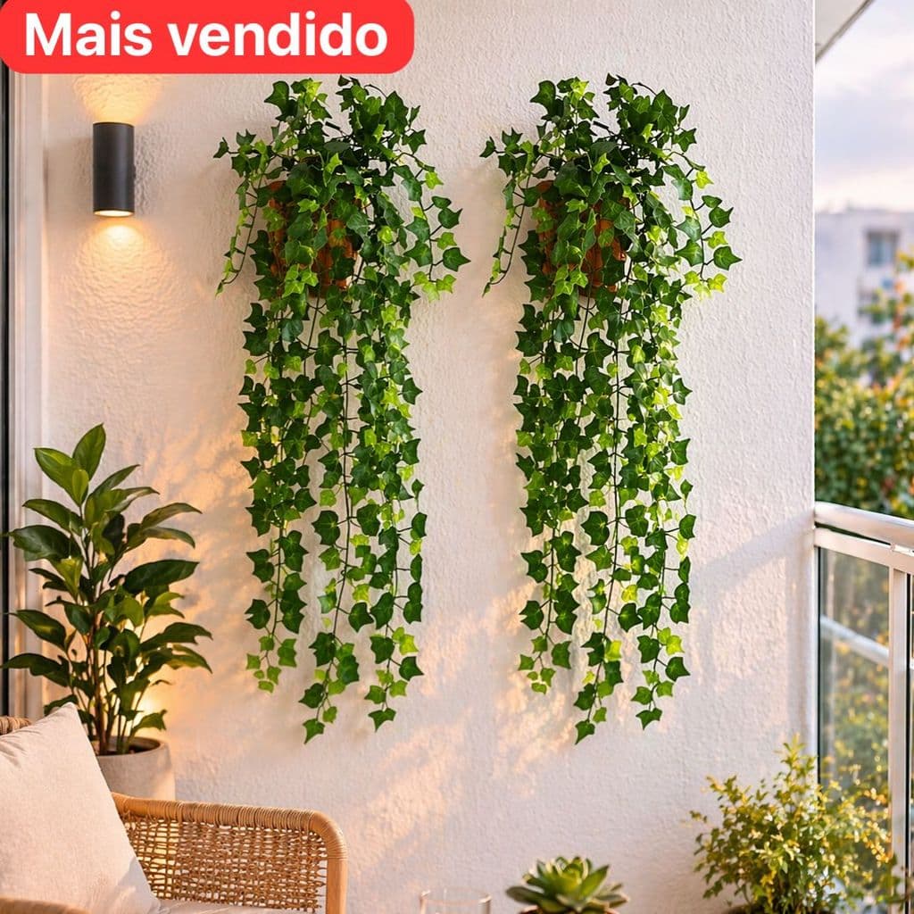 4 Plantas Artificiais Pendentes Verde com 2 Vaso rustico Decoração Moderna Parede Varanda
