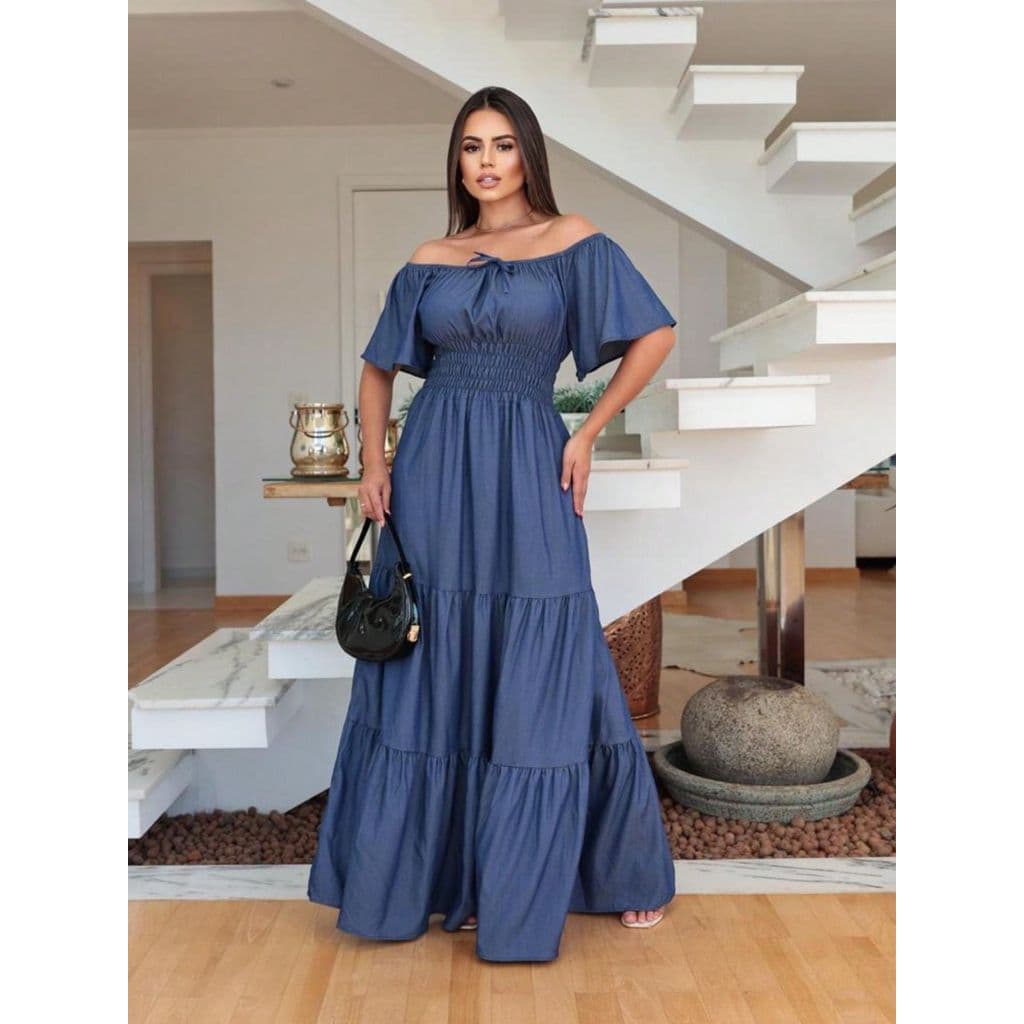 Vestido longo plus size chambray jeans lastex manga curto ombro ombro