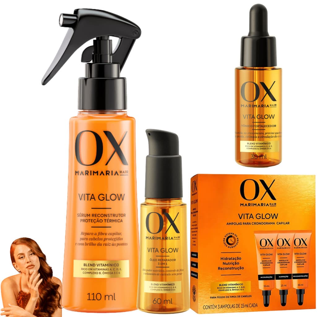 Kit OX Vita Glow Sérum Óleo Tônico Ampola Nutrição MariMaria